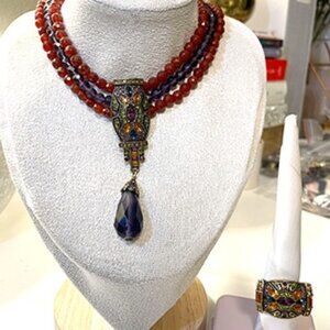 Bronze Pavé Red Crystal Beaded Drop Necklace and Ring